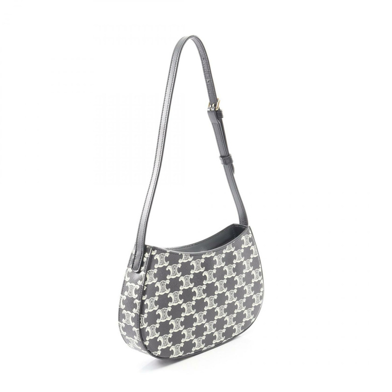 CELINE 中型 TILLY Triomphe 肩背包 115702 帆布皮革 黑色 白色 二手-1