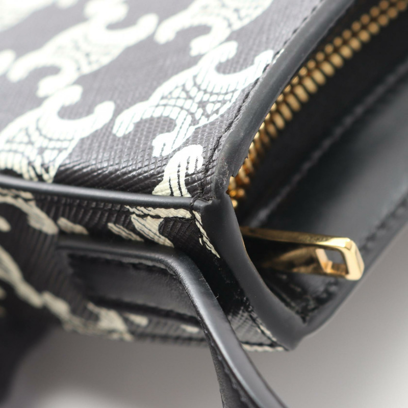 CELINE 中型 TILLY Triomphe 肩背包 115702 帆布皮革 黑色 白色 二手-4