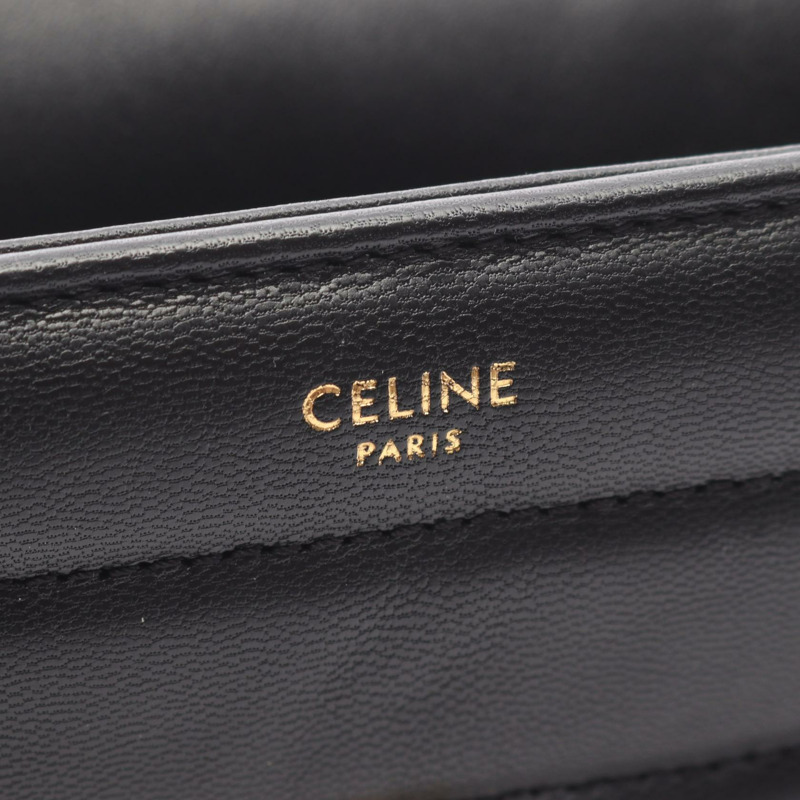 CELINE Monochrome 鏈條單肩包，黑色皮革，二手，女士，金色五金配件，帶品牌標誌-3