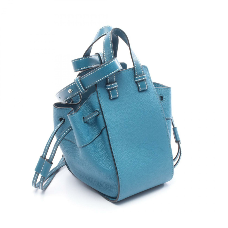 LOEWE 迷你吊床抽繩肩斜背包 皮革 藍色 二手 女士-1