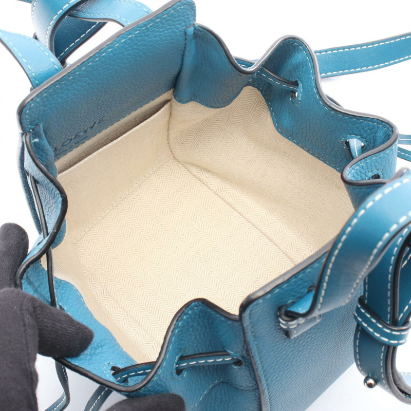 LOEWE 迷你吊床抽繩肩斜背包 皮革 藍色 二手 女士-2