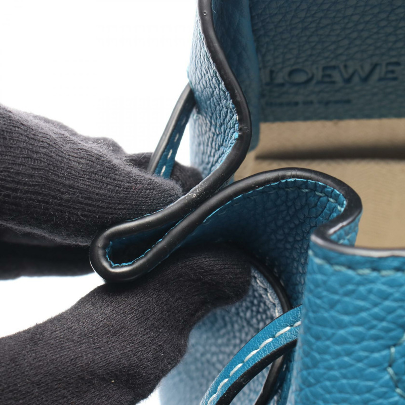 LOEWE 迷你吊床抽繩肩斜背包 皮革 藍色 二手 女士-4