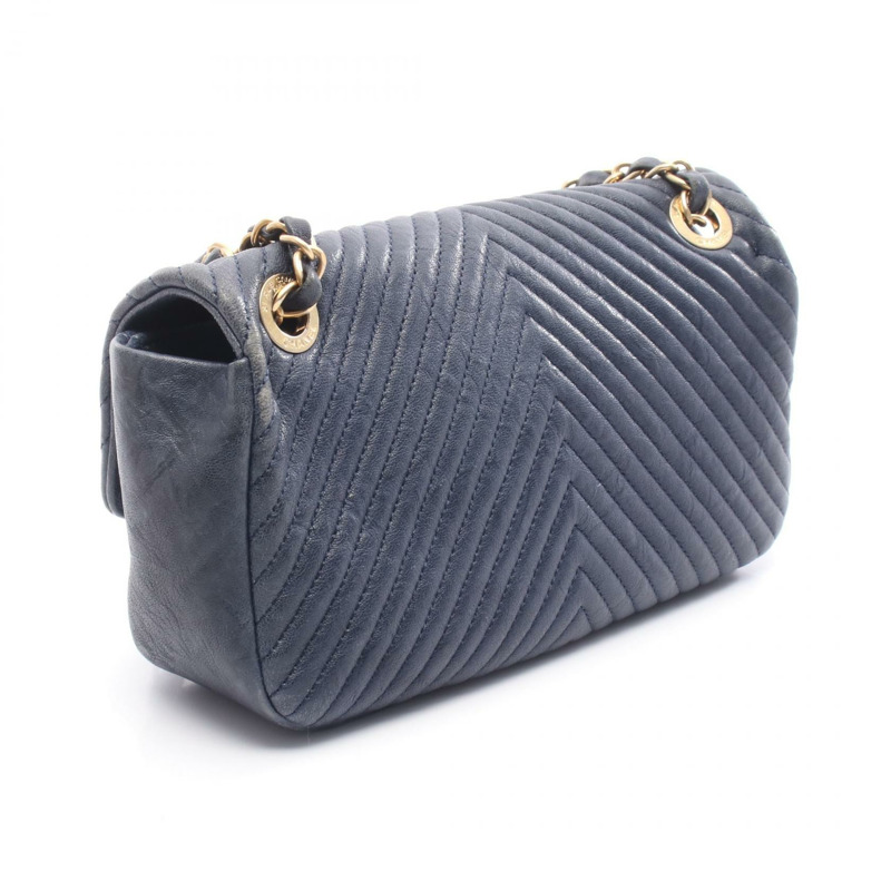 香奈兒 (CHANEL) 人字紋 V 字縫線鏈條肩背包，海軍藍皮革，二手，女士，金色五金-1