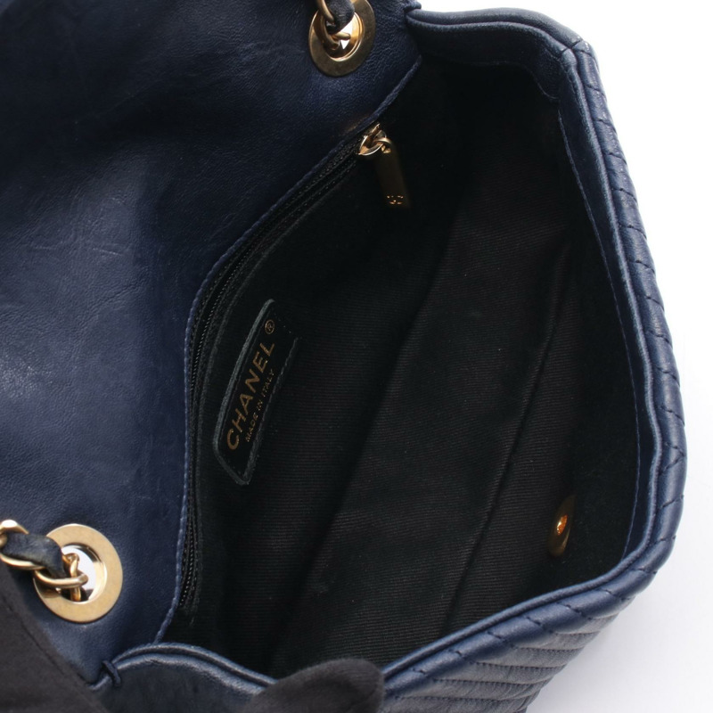 香奈兒 (CHANEL) 人字紋 V 字縫線鏈條肩背包，海軍藍皮革，二手，女士，金色五金-2