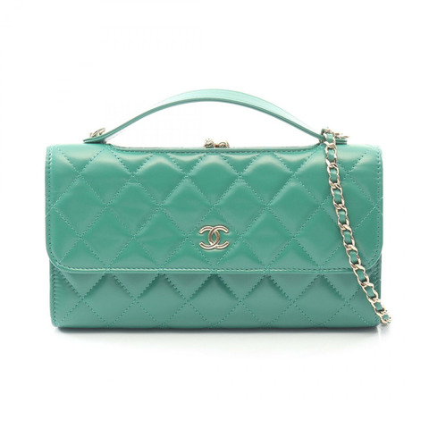 香奈兒 (CHANEL) Matelasse 鏈條肩挎包/錢包，WOC 皮革，綠色，金色五金，二手