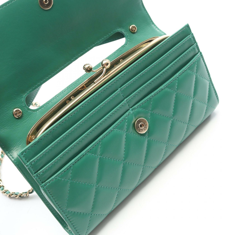 香奈兒 (CHANEL) Matelasse 鏈條肩挎包/錢包，WOC 皮革，綠色，金色五金，二手-8