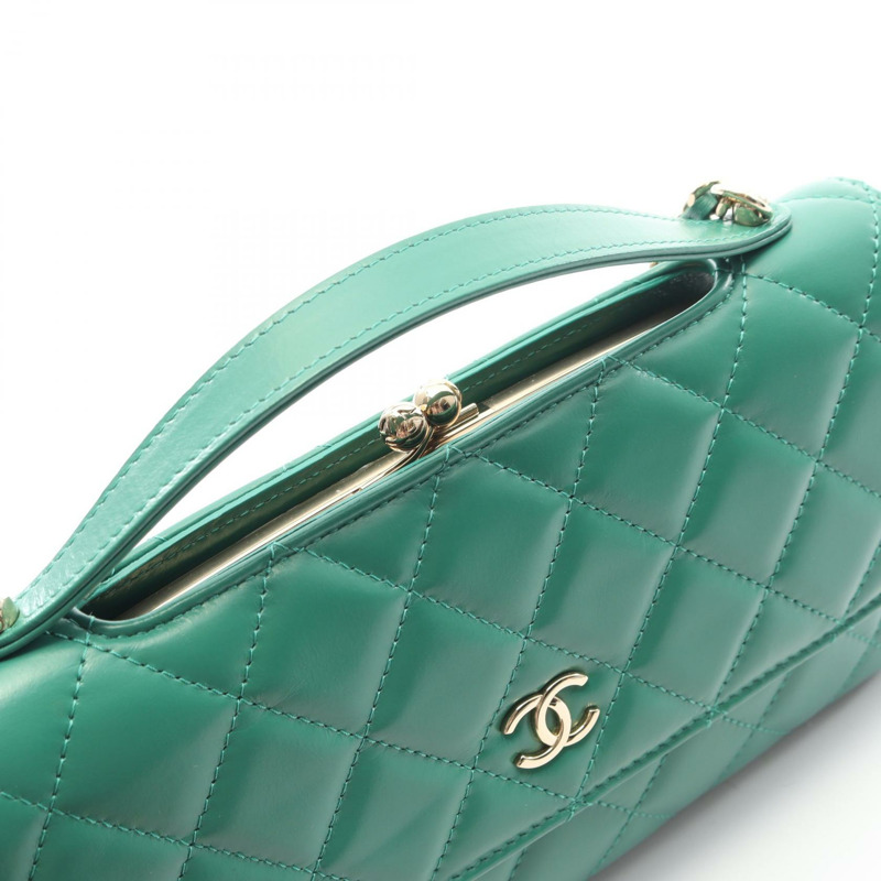 香奈兒 (CHANEL) Matelasse 鏈條肩挎包/錢包，WOC 皮革，綠色，金色五金，二手-9