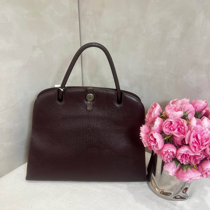 Hermès 中古深咖銀扣手提包-0