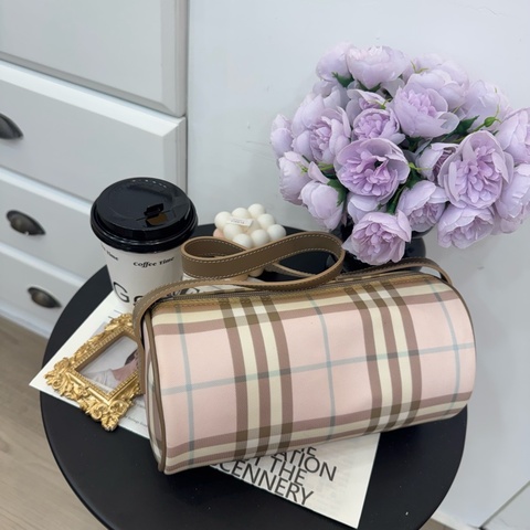 Burberry 粉色格紋圓筒包 中古 二手vintage 少女 可愛 手提 肩背
