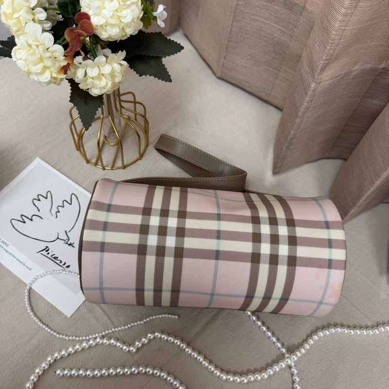 Burberry 粉色格紋圓筒包 中古 二手vintage 少女 可愛 手提 肩背-1