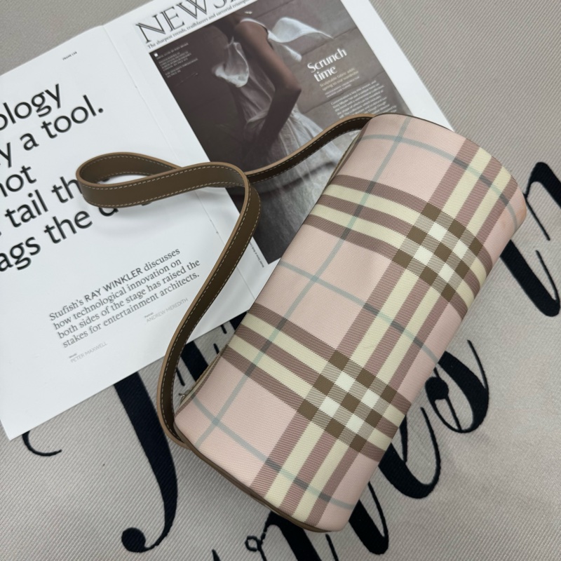 Burberry 粉色格紋圓筒包 中古 二手vintage 少女 可愛 手提 肩背-2