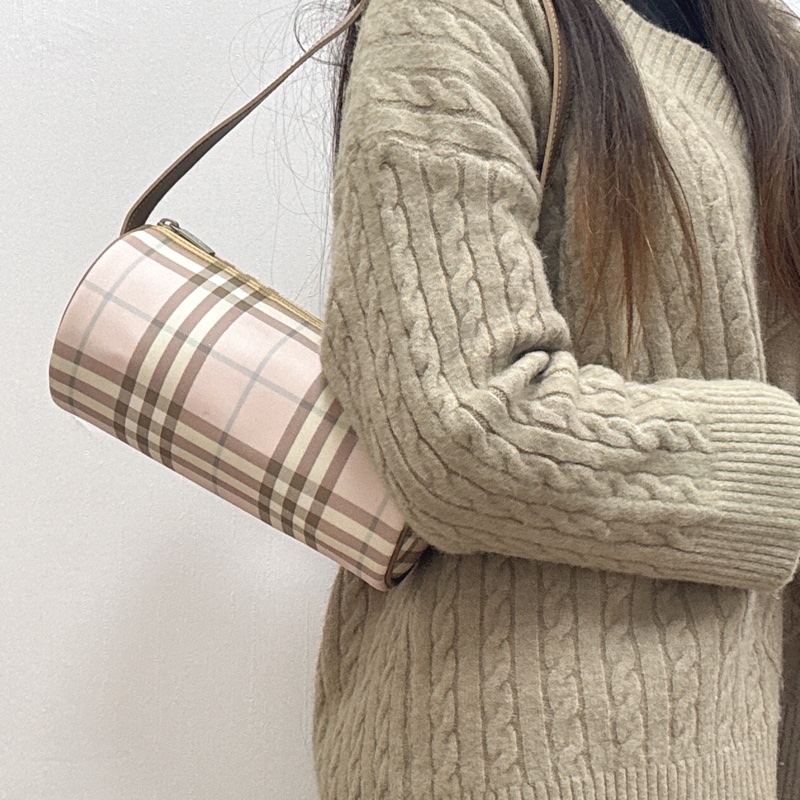 Burberry 粉色格紋圓筒包 中古 二手vintage 少女 可愛 手提 肩背-4