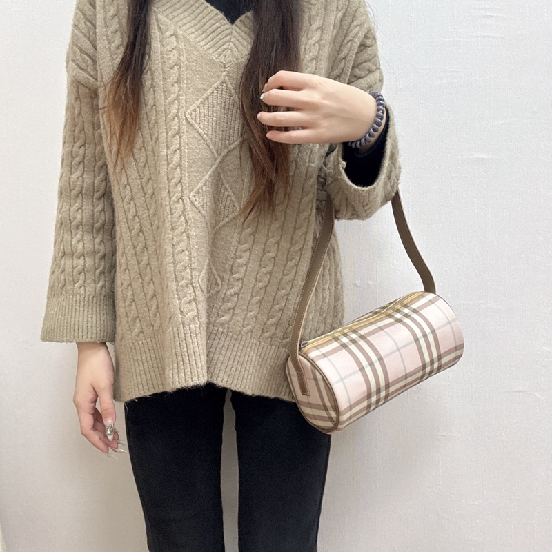 Burberry 粉色格紋圓筒包 中古 二手vintage 少女 可愛 手提 肩背-5