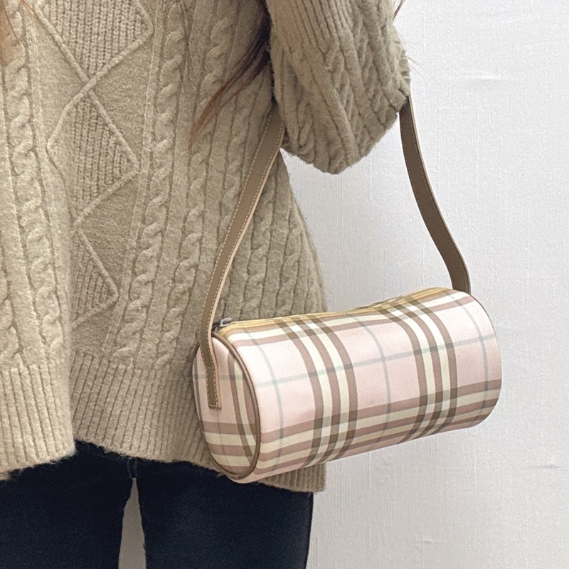 Burberry 粉色格紋圓筒包 中古 二手vintage 少女 可愛 手提 肩背-6