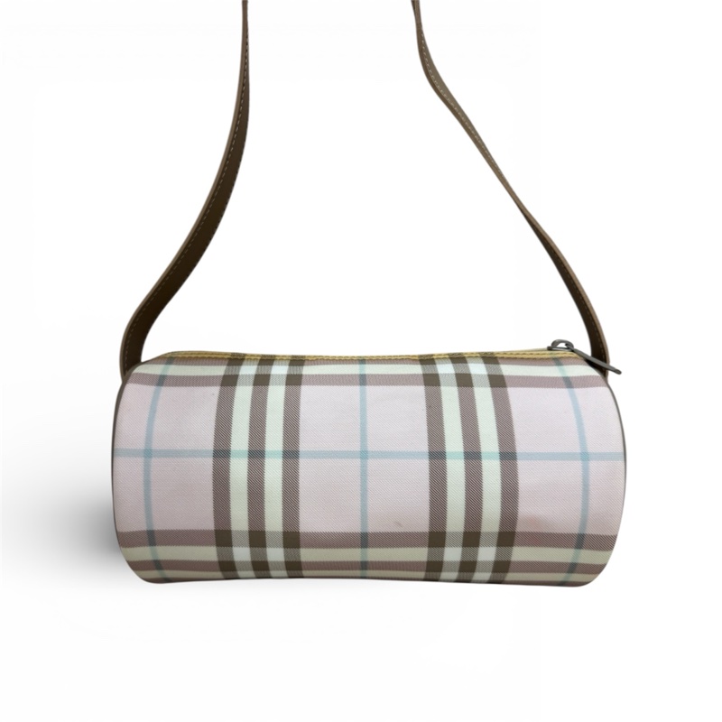 Burberry 粉色格紋圓筒包 中古 二手vintage 少女 可愛 手提 肩背-7