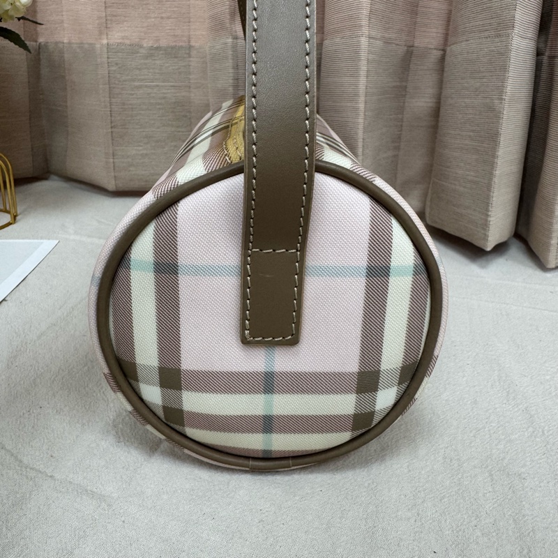 Burberry 粉色格紋圓筒包 中古 二手vintage 少女 可愛 手提 肩背-9