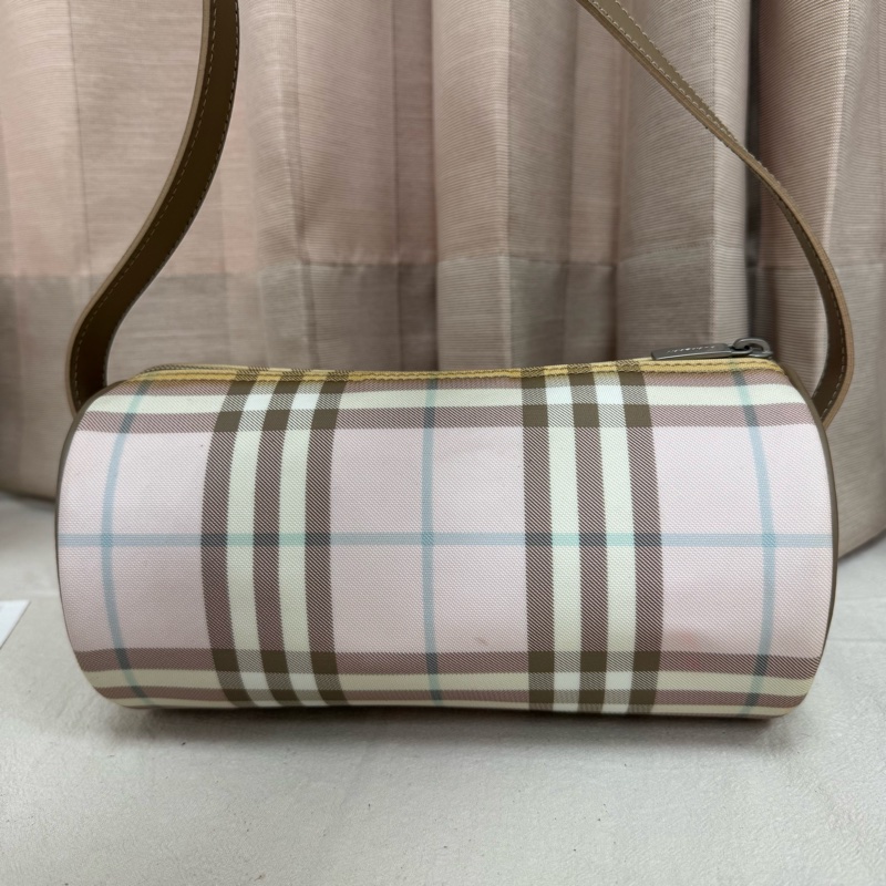 Burberry 粉色格紋圓筒包 中古 二手vintage 少女 可愛 手提 肩背-10