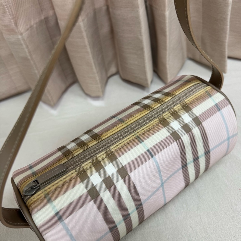 Burberry 粉色格紋圓筒包 中古 二手vintage 少女 可愛 手提 肩背-11