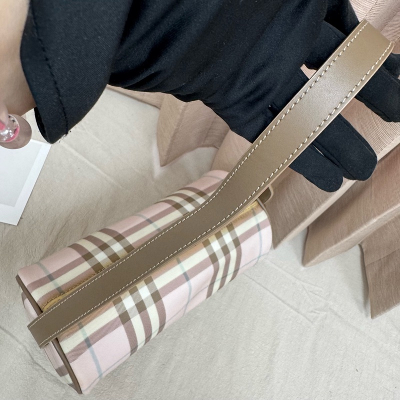 Burberry 粉色格紋圓筒包 中古 二手vintage 少女 可愛 手提 肩背-13
