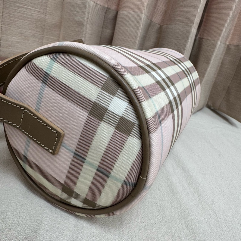 Burberry 粉色格紋圓筒包 中古 二手vintage 少女 可愛 手提 肩背-19