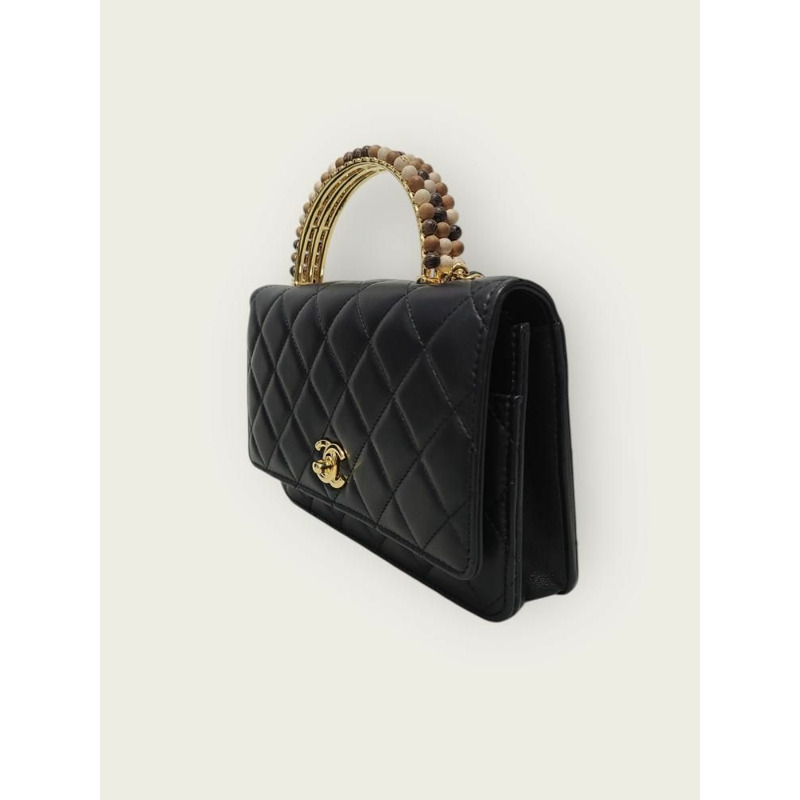 【包稅】CHANEL 黑色頂部提把羊皮迷你珍珠鏈斜背包 12345-1