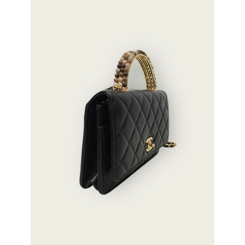 【包稅】CHANEL 黑色頂部提把羊皮迷你珍珠鏈斜背包 12345-2