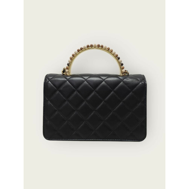 【包稅】CHANEL 黑色頂部提把羊皮迷你珍珠鏈斜背包 12345-4