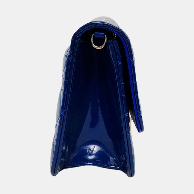 DIOR Rendez-Vous深藍色漆皮藤格紋絎縫單肩包斜挎包銀色五金可拆卸肩帶-3