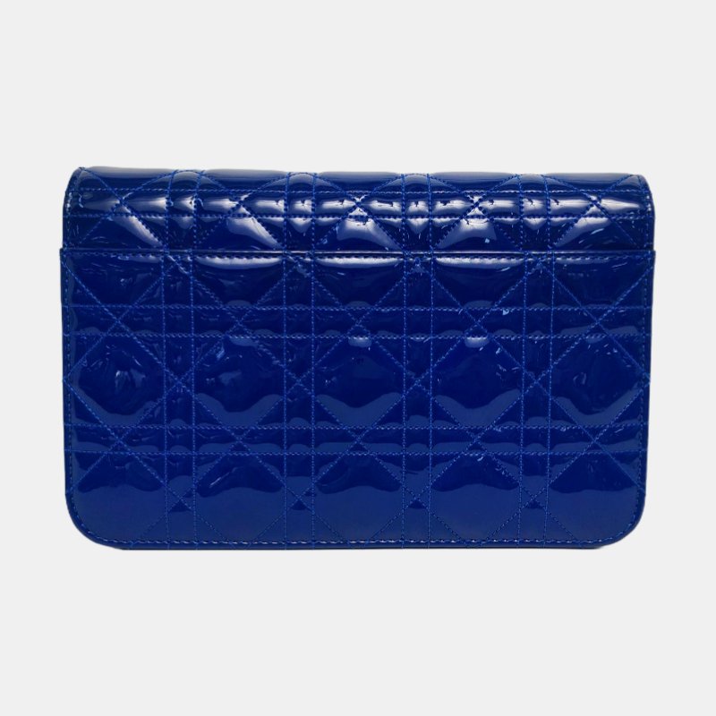 DIOR Rendez-Vous深藍色漆皮藤格紋絎縫單肩包斜挎包銀色五金可拆卸肩帶-4