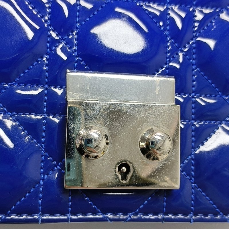 DIOR Rendez-Vous深藍色漆皮藤格紋絎縫單肩包斜挎包銀色五金可拆卸肩帶-9