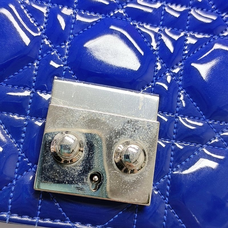 DIOR Rendez-Vous深藍色漆皮藤格紋絎縫單肩包斜挎包銀色五金可拆卸肩帶-11