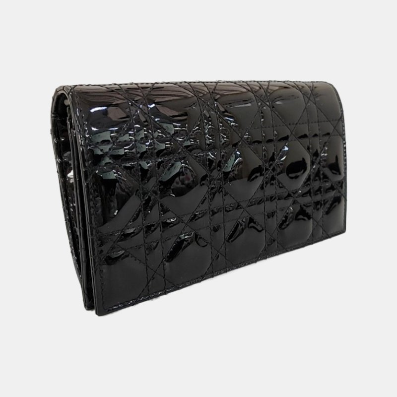 DIOR黑色漆皮藤格紋絎縫錢包金色五金子袋-3