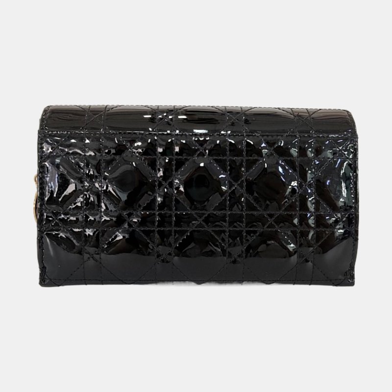 DIOR黑色漆皮藤格紋絎縫錢包金色五金子袋-4