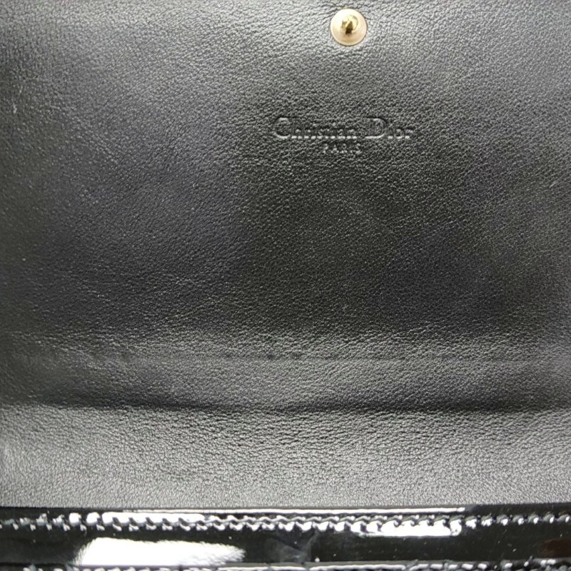 DIOR黑色漆皮藤格紋絎縫錢包金色五金子袋-8
