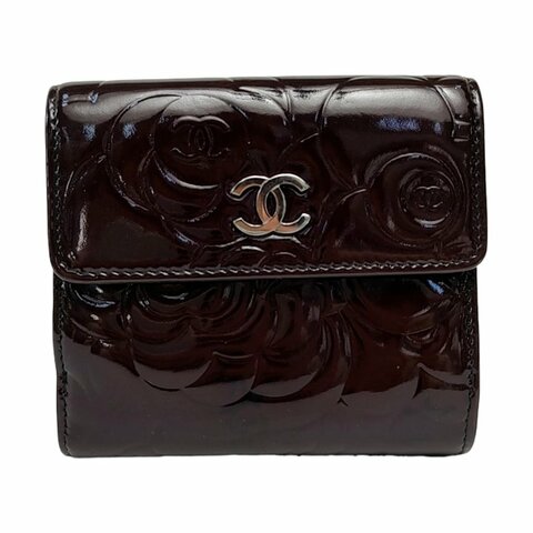 CHANEL黑色漆皮壓紋山茶花錢包銀色五金15開