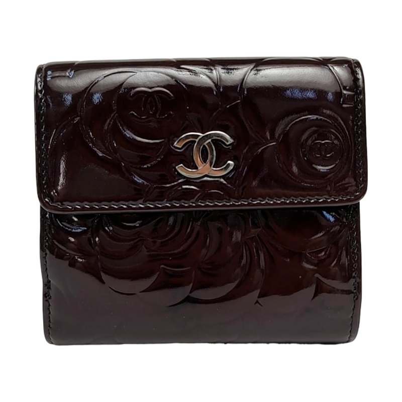 CHANEL黑色漆皮壓紋山茶花錢包銀色五金15開-0