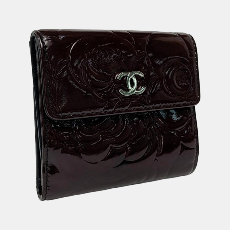CHANEL黑色漆皮壓紋山茶花錢包銀色五金15開-3