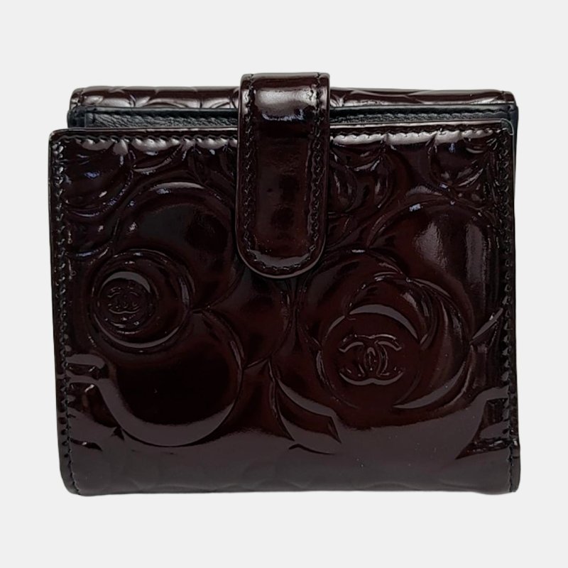 CHANEL黑色漆皮壓紋山茶花錢包銀色五金15開-4