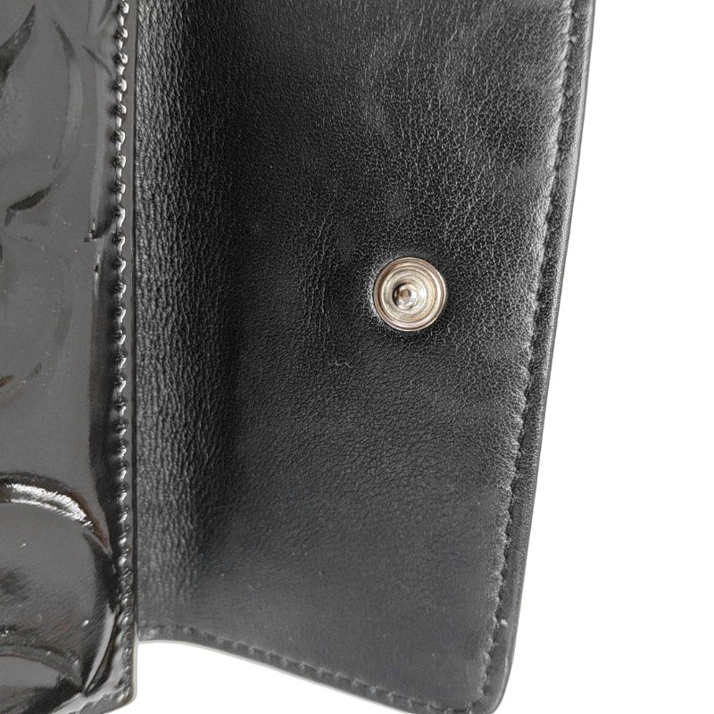 CHANEL黑色漆皮壓紋山茶花錢包銀色五金15開-8