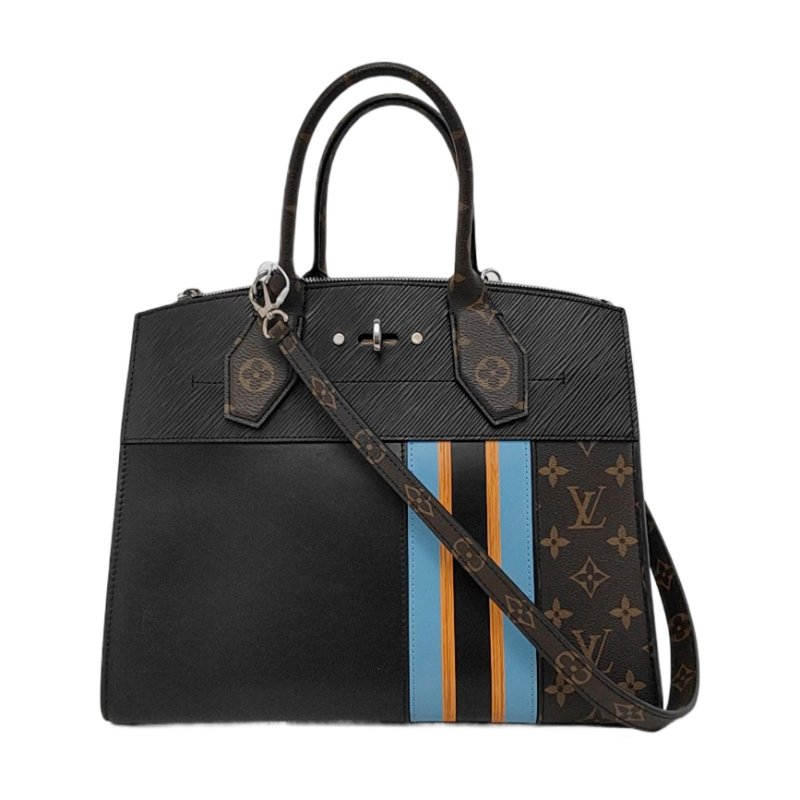 LOUIS VUITTON CITY STEAMER 黑色牛皮老花單肩包手提包斜挎包銀色五金可拆卸肩帶-0