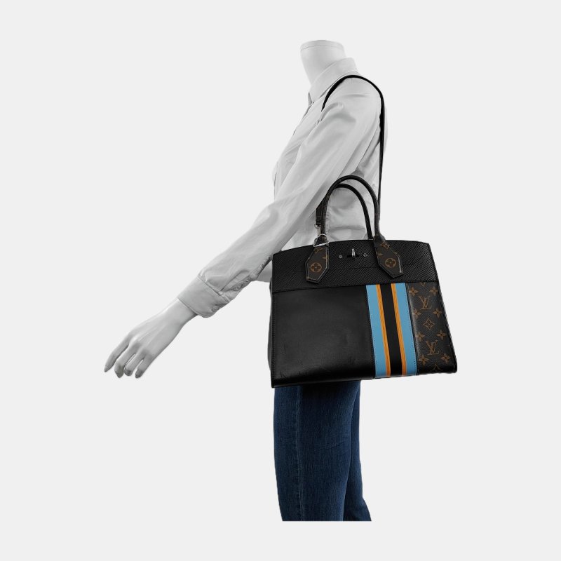 LOUIS VUITTON CITY STEAMER 黑色牛皮老花單肩包手提包斜挎包銀色五金可拆卸肩帶-1