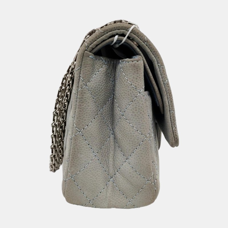 CHANEL 2.55 藍色荔枝紋牛皮菱格紋絎縫單肩包斜挎包銀色五金17開-3