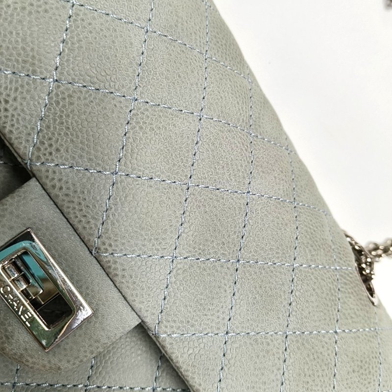 CHANEL 2.55 藍色荔枝紋牛皮菱格紋絎縫單肩包斜挎包銀色五金17開-7