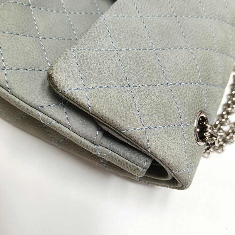 CHANEL 2.55 藍色荔枝紋牛皮菱格紋絎縫單肩包斜挎包銀色五金17開-10