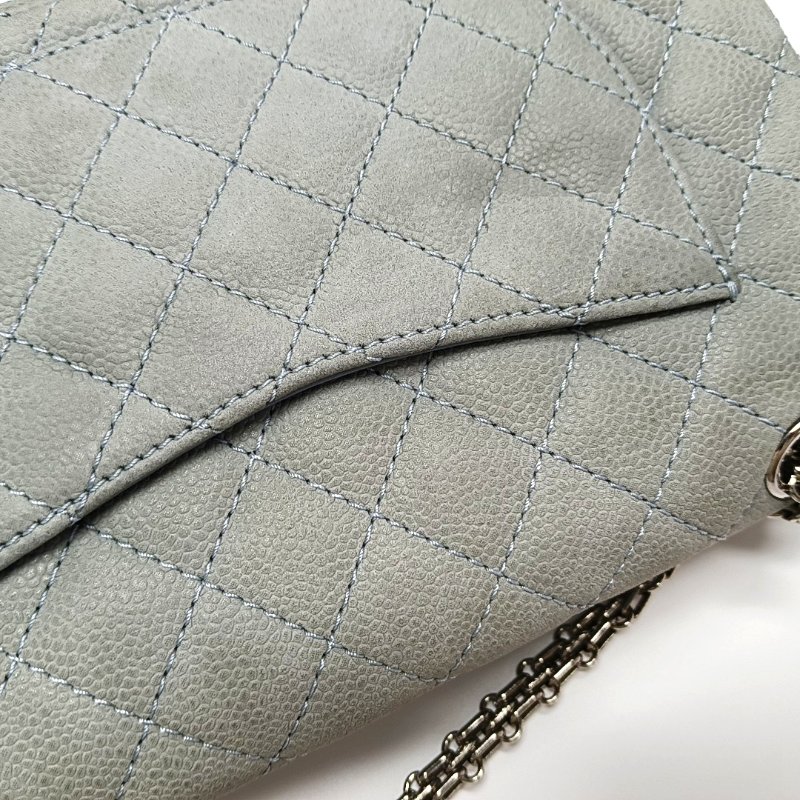 CHANEL 2.55 藍色荔枝紋牛皮菱格紋絎縫單肩包斜挎包銀色五金17開-13