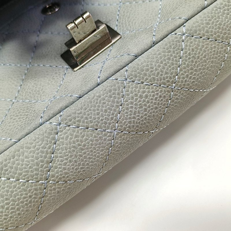 CHANEL 2.55 藍色荔枝紋牛皮菱格紋絎縫單肩包斜挎包銀色五金17開-14