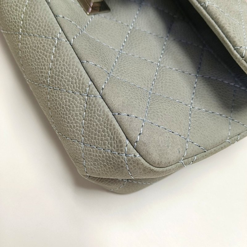 CHANEL 2.55 藍色荔枝紋牛皮菱格紋絎縫單肩包斜挎包銀色五金17開-15