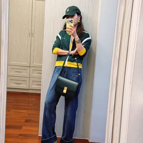 Celine box中號綠色光面皮斜背包24×17×7 98新塵袋