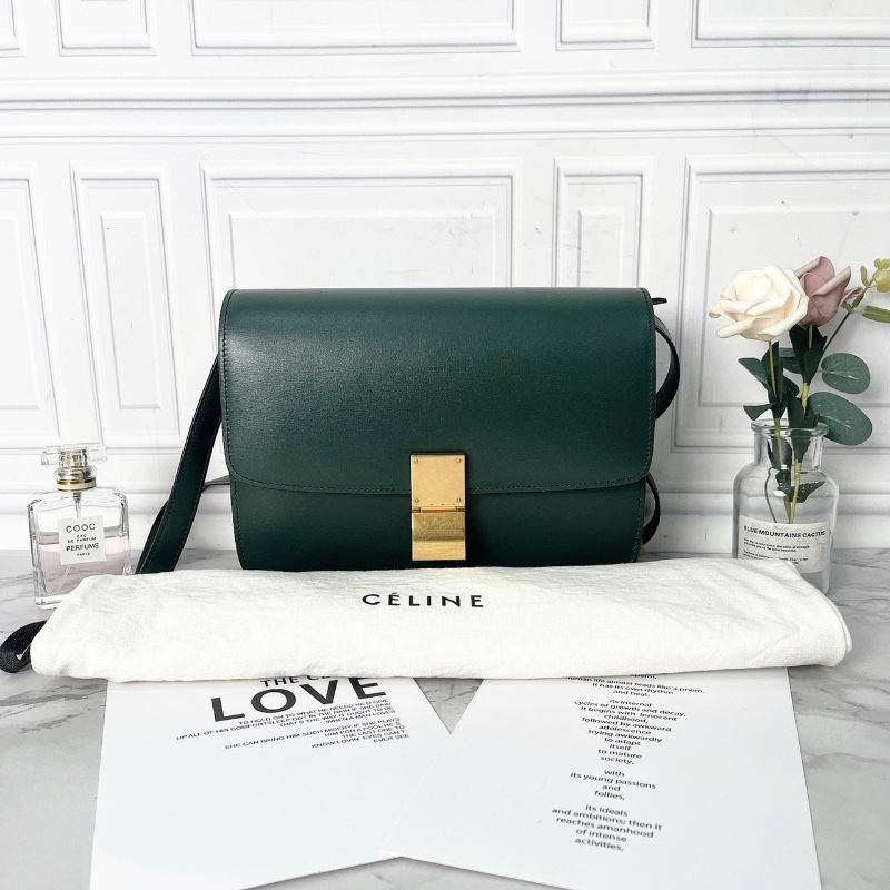 Celine box中號綠色光面皮斜背包24×17×7 98新塵袋-1