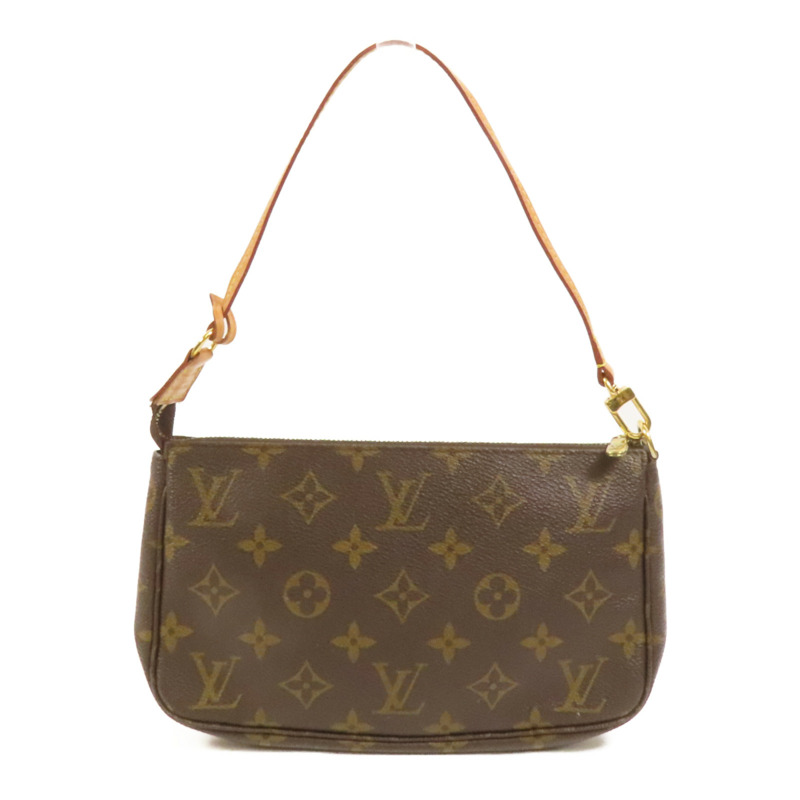 LOUIS VUITTON Monogram Pochette Accessoires金扣手挽袋棕色-0